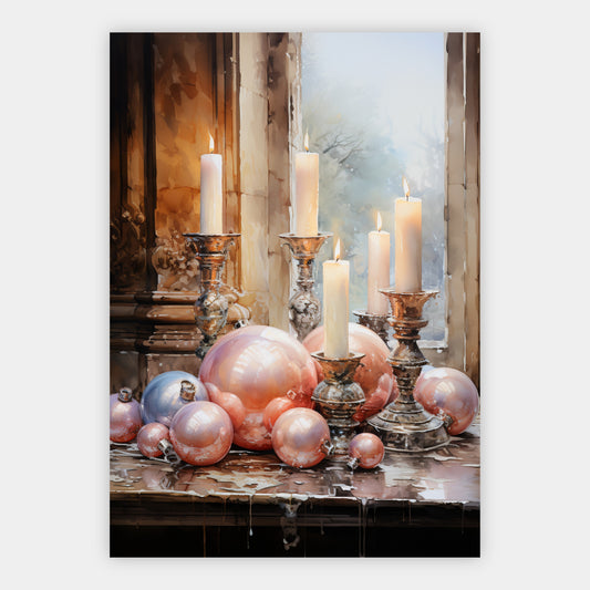 Kerzen und rosafarbene Christbaumkugeln Poster – Freisteller