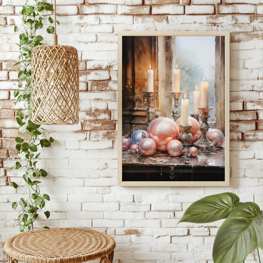 Kerzen und rosafarbene Christbaumkugeln Poster – Raumansicht 1