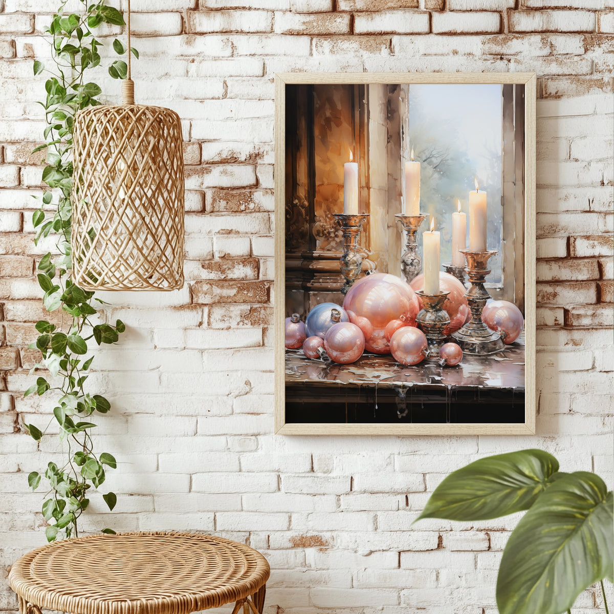 Kerzen und rosafarbene Christbaumkugeln Poster – Raumansicht 1