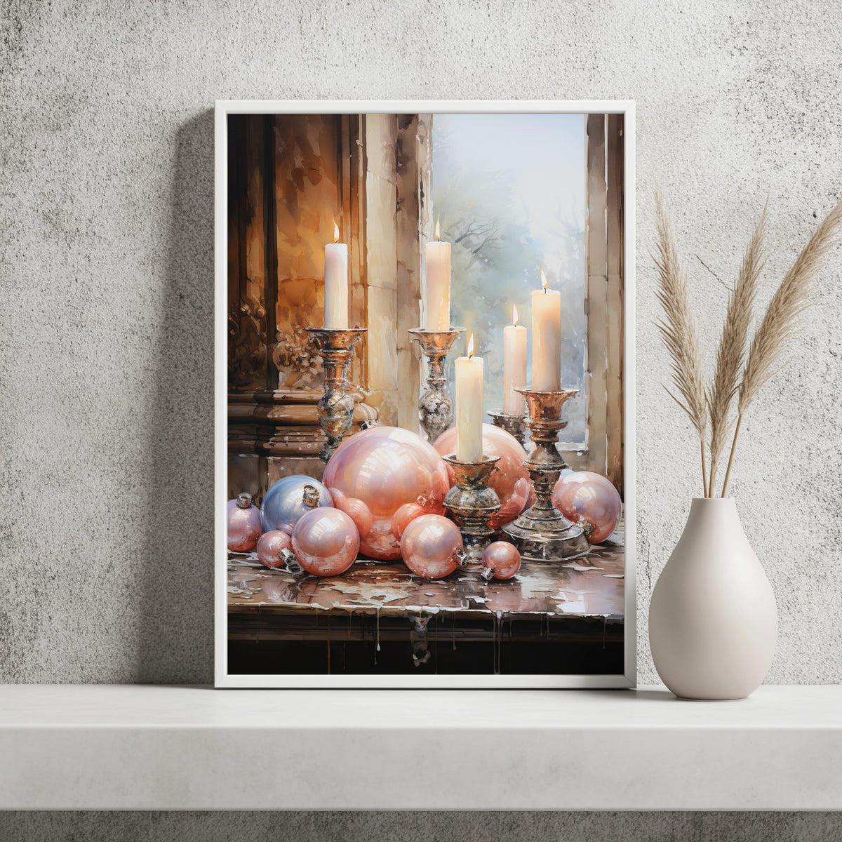 Kerzen und rosafarbene Christbaumkugeln Poster – Raumansicht 2