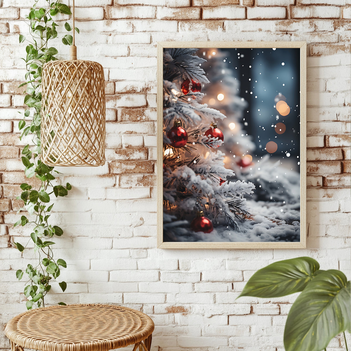 Verschneiter Tannenzweig mit Kugeln Poster – Raumansicht 1