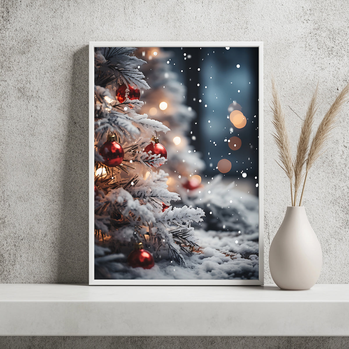 Verschneiter Tannenzweig mit Kugeln Poster – Raumansicht 2