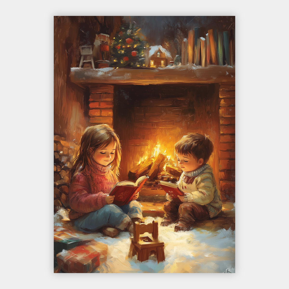 Kinder lesend am Kamin Poster – Freisteller
