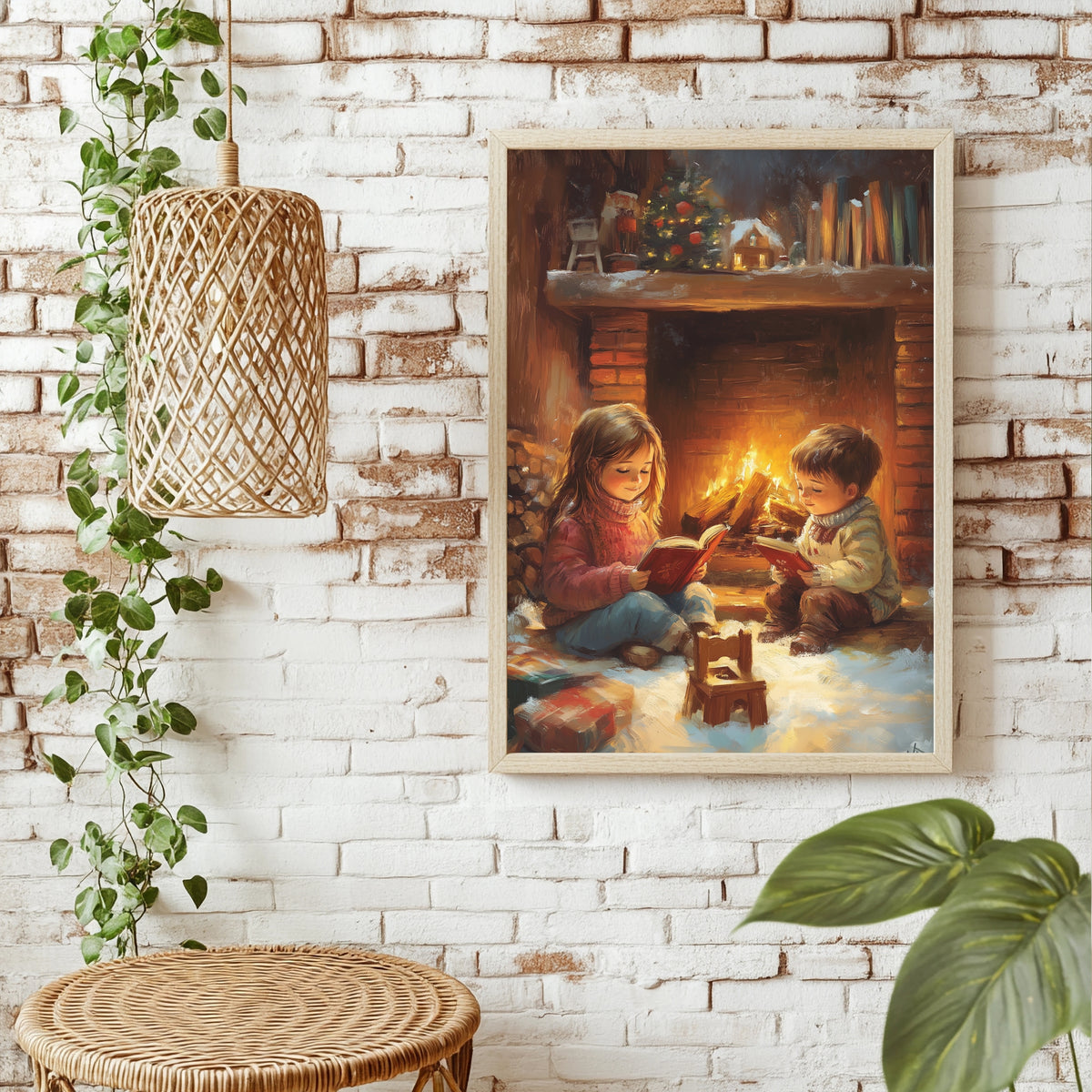 Kinder lesend am Kamin Poster – Raumansicht 1