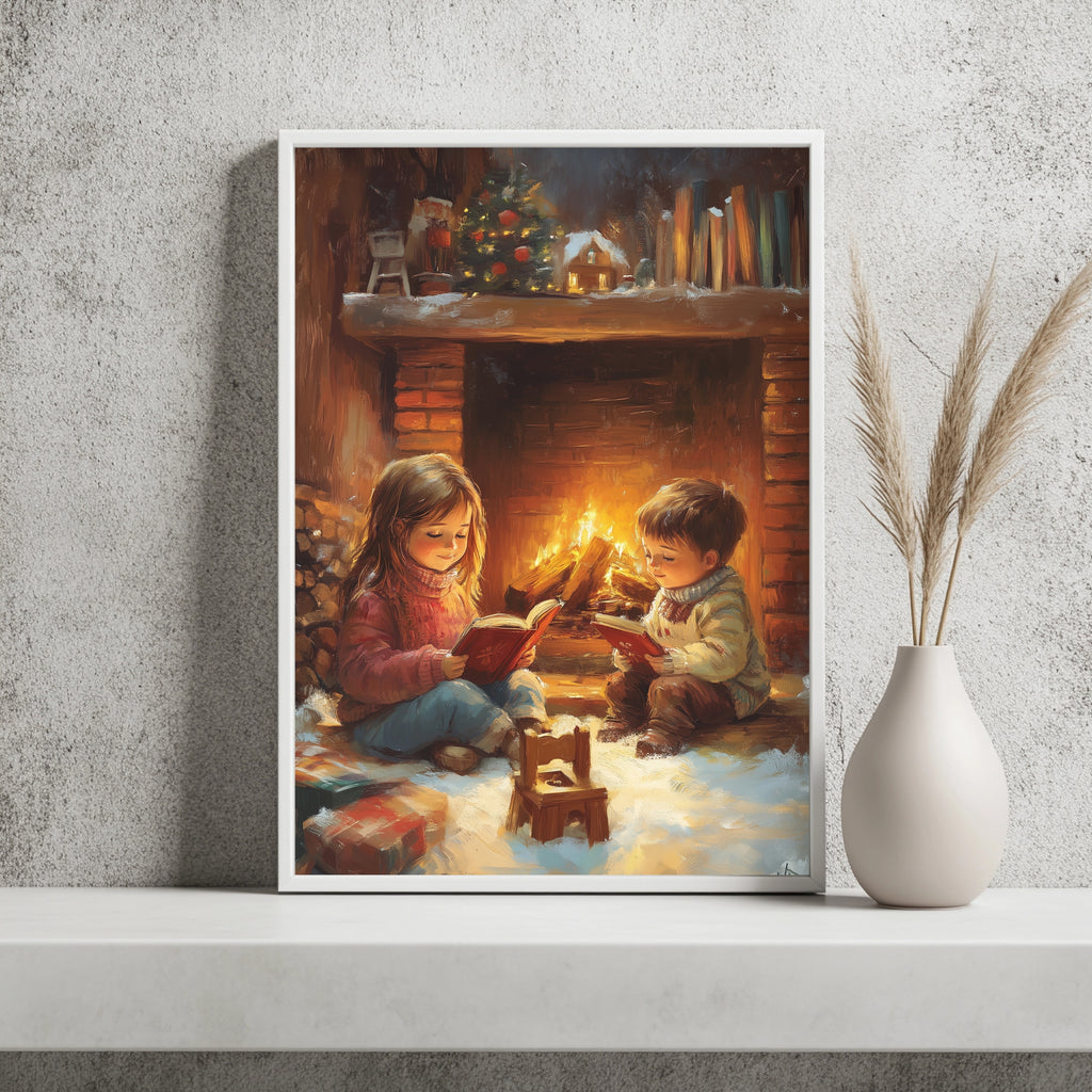 Kinder lesend am Kamin Poster – Raumansicht 2