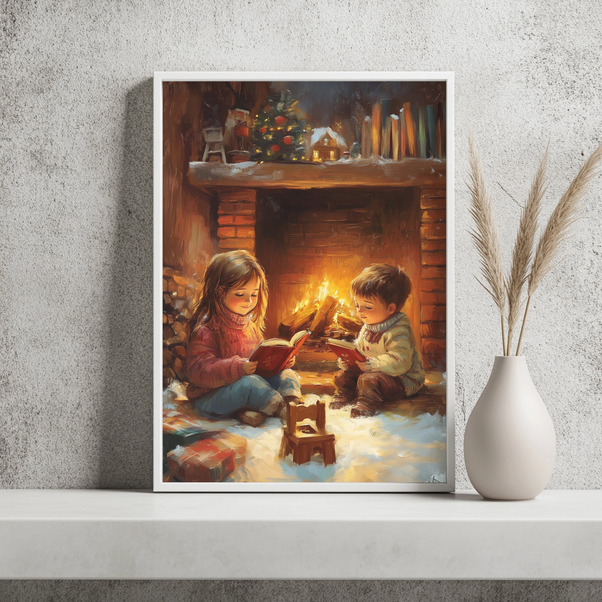 Kinder lesend am Kamin Poster – Raumansicht 2