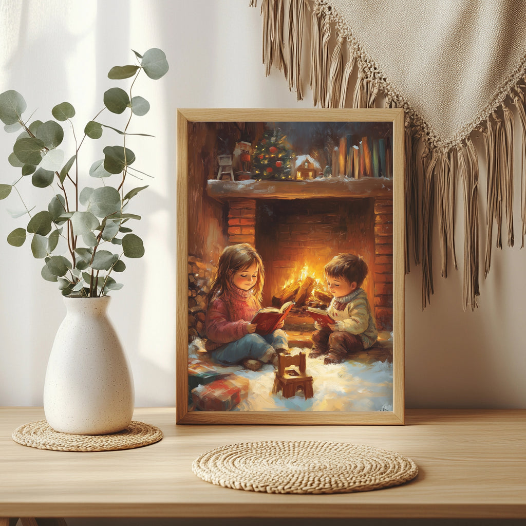 Kinder lesend am Kamin Poster – Raumansicht 3