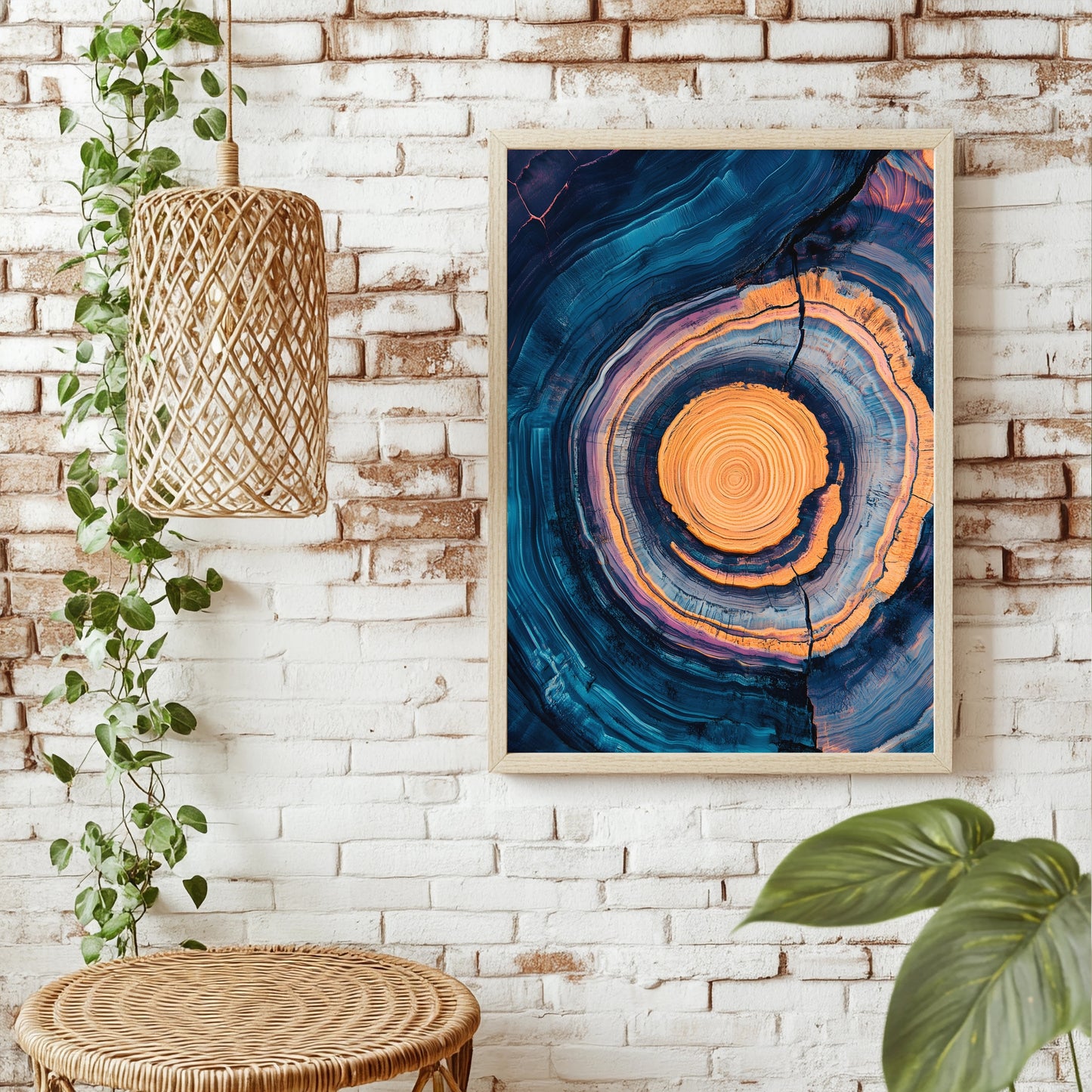 Baumringe in Blau und Orange Poster – Raumansicht 1