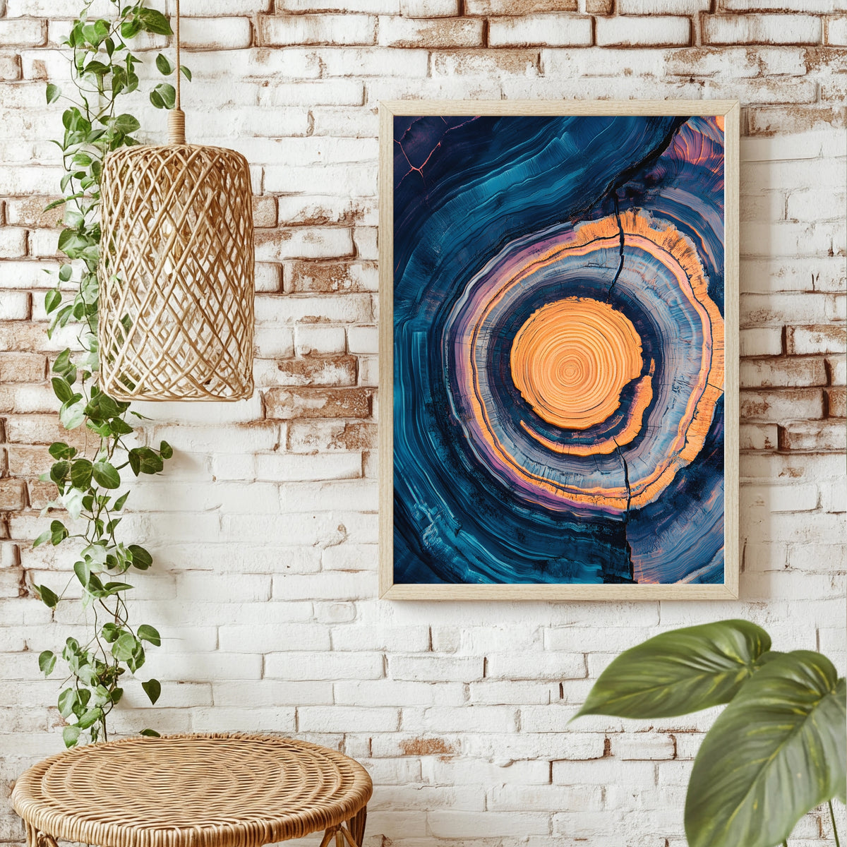 Baumringe in Blau und Orange Poster – Raumansicht 1