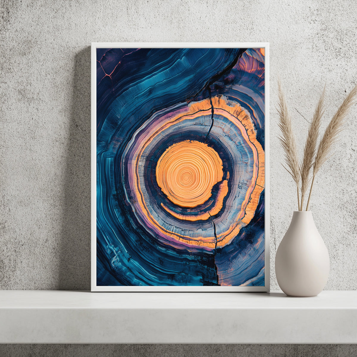 Baumringe in Blau und Orange Poster – Raumansicht 2