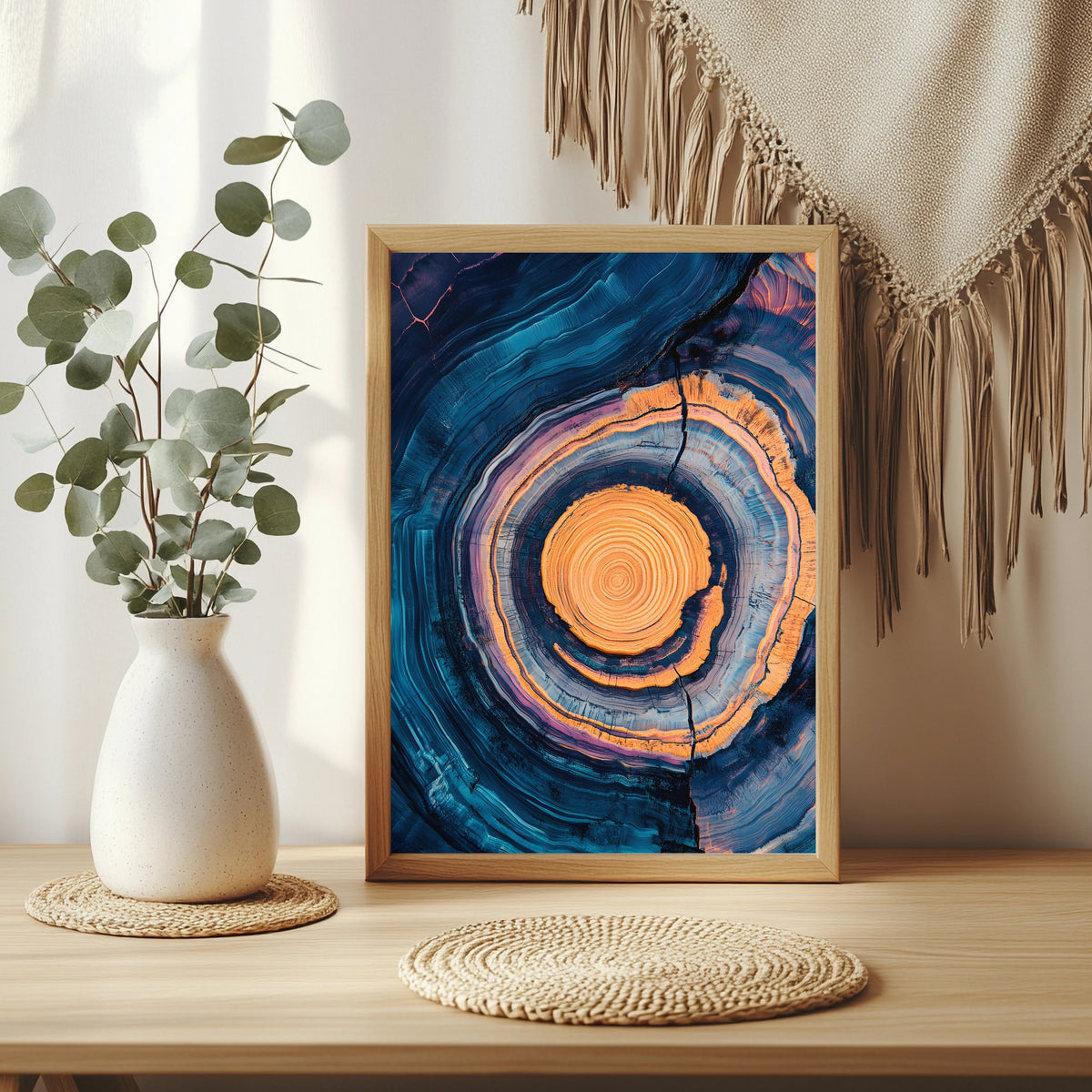 Baumringe in Blau und Orange Poster – Raumansicht 3