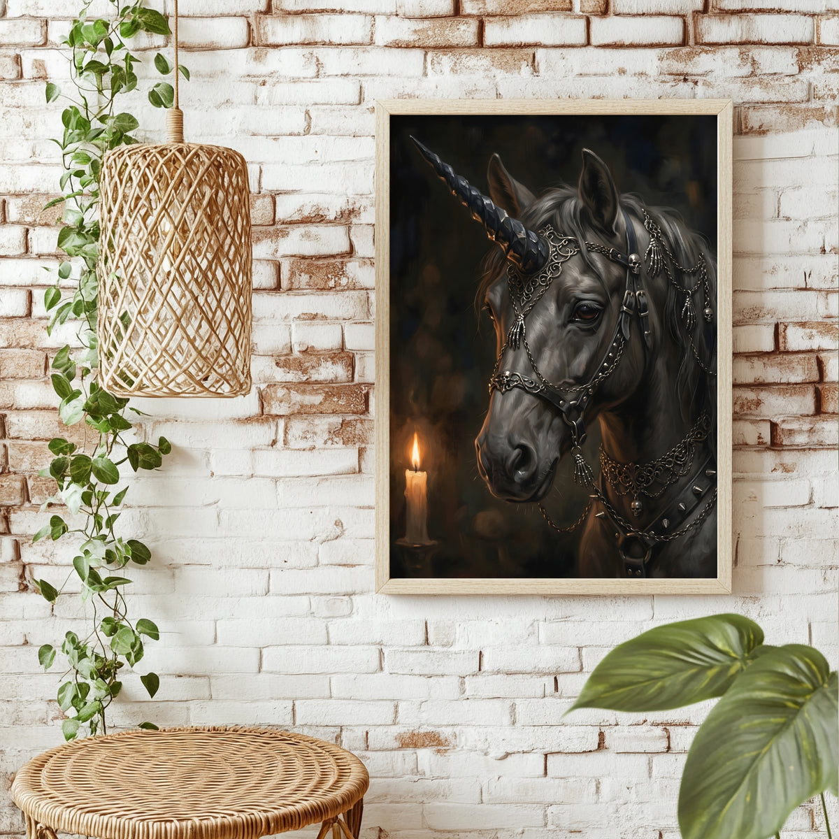 Schwarzes Einhorn im Kerzenlicht Poster – Raumansicht 1