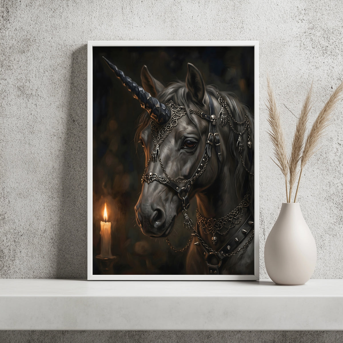 Schwarzes Einhorn im Kerzenlicht Poster – Raumansicht 2