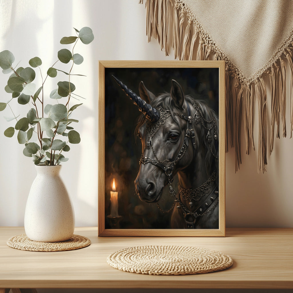Schwarzes Einhorn im Kerzenlicht Poster – Raumansicht 3
