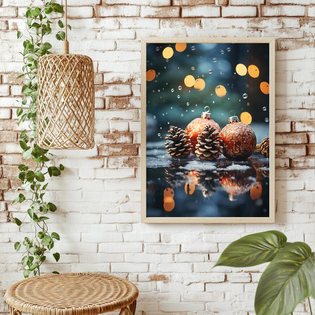 Christbaumkugeln zwischen Tannenzapfen Poster – Raumansicht 1