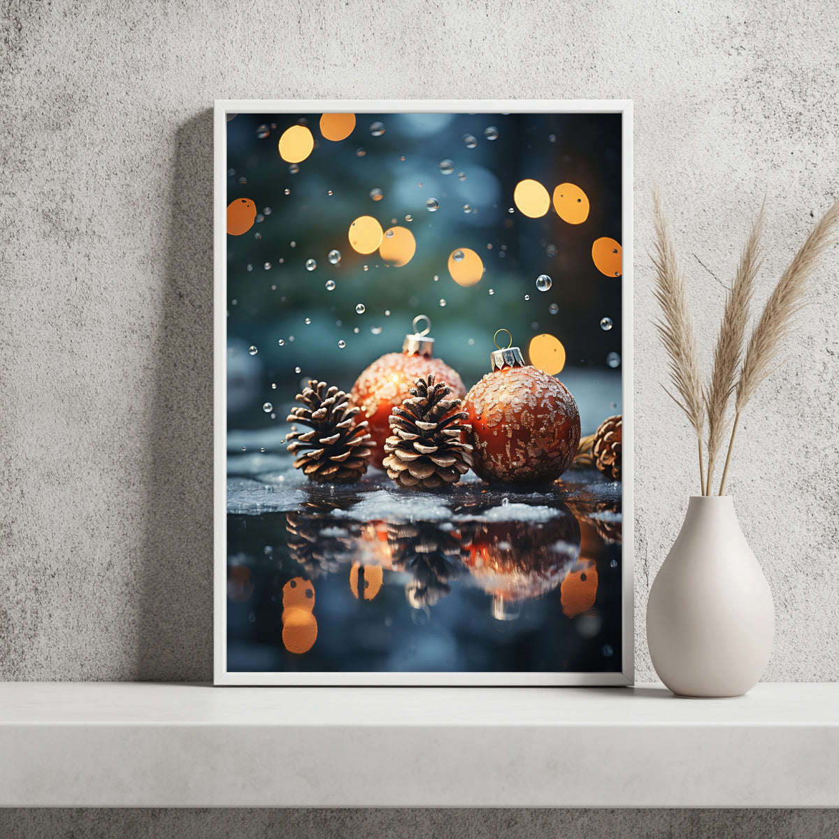 Christbaumkugeln zwischen Tannenzapfen Poster – Raumansicht 2