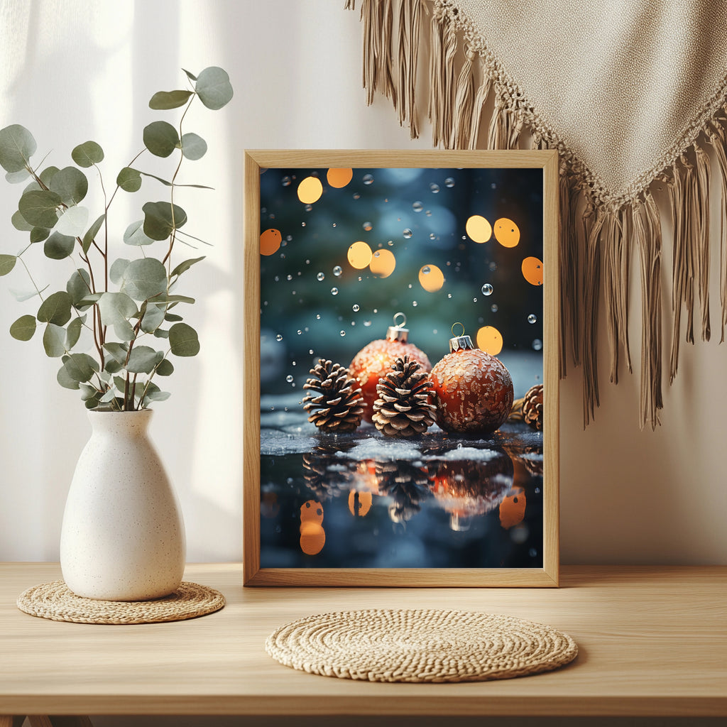 Christbaumkugeln zwischen Tannenzapfen Poster – Raumansicht 3