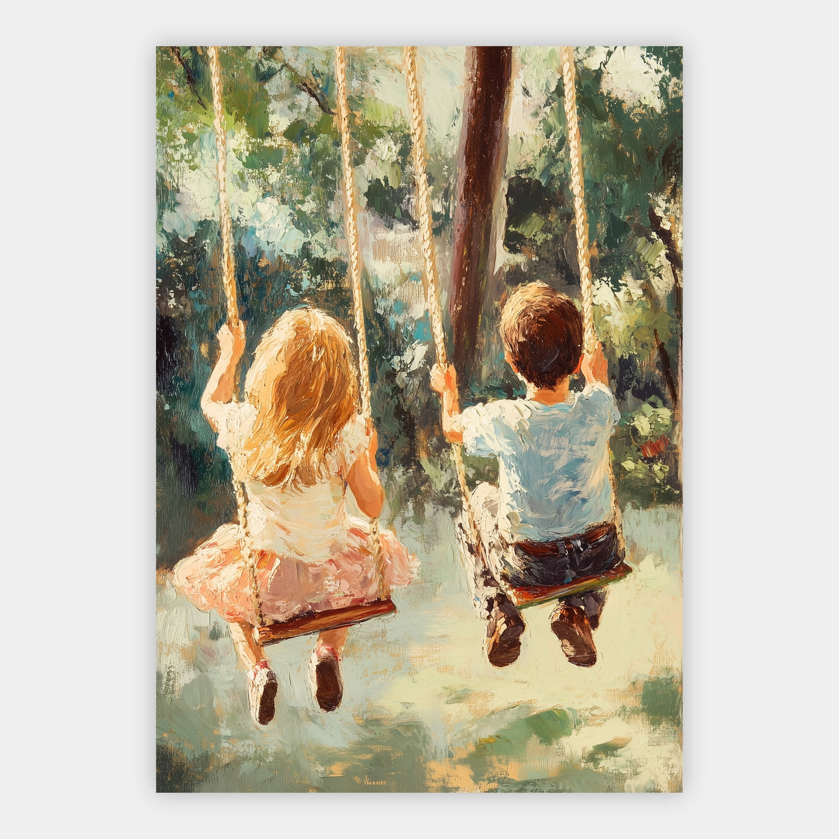 Kinder auf Waldschaukeln Poster – Freisteller