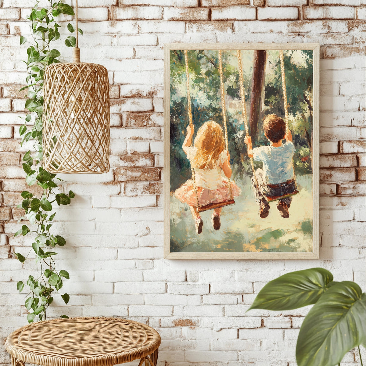 Kinder auf Waldschaukeln Poster – Raumansicht 1