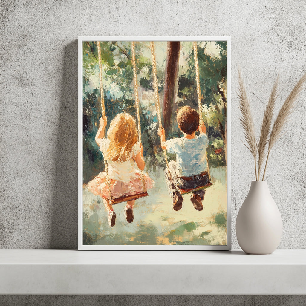 Kinder auf Waldschaukeln Poster – Raumansicht 2