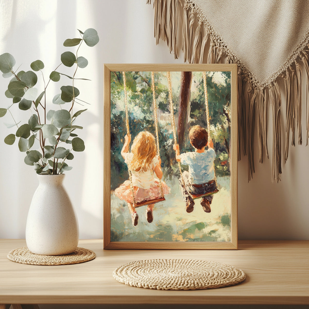 Kinder auf Waldschaukeln Poster – Raumansicht 3