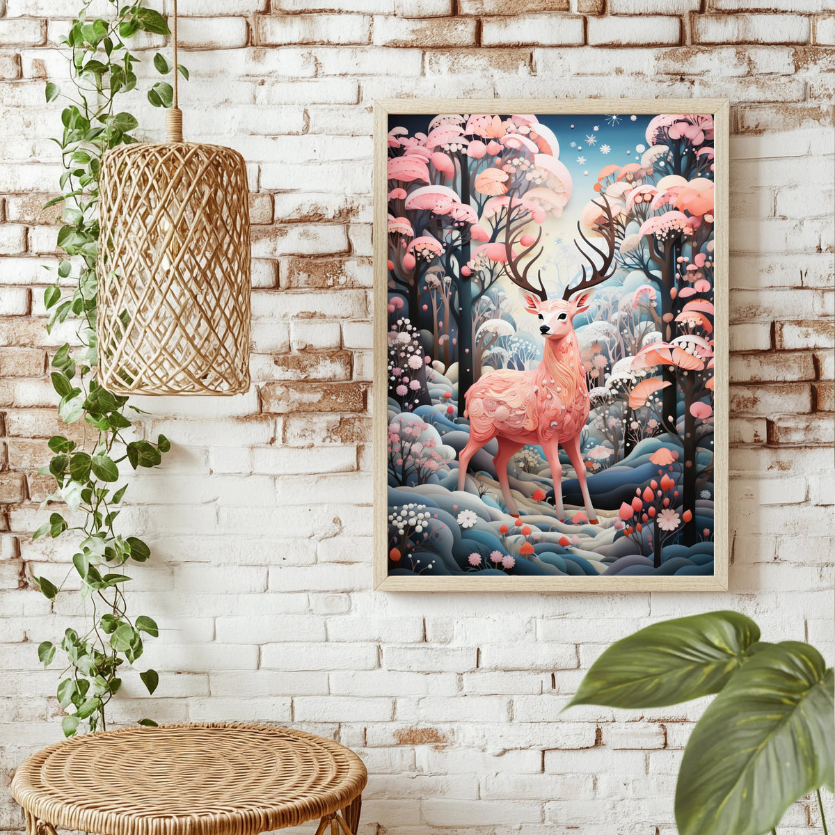 Rosa Hirsch im Fantasiewald Poster – Raumansicht 1