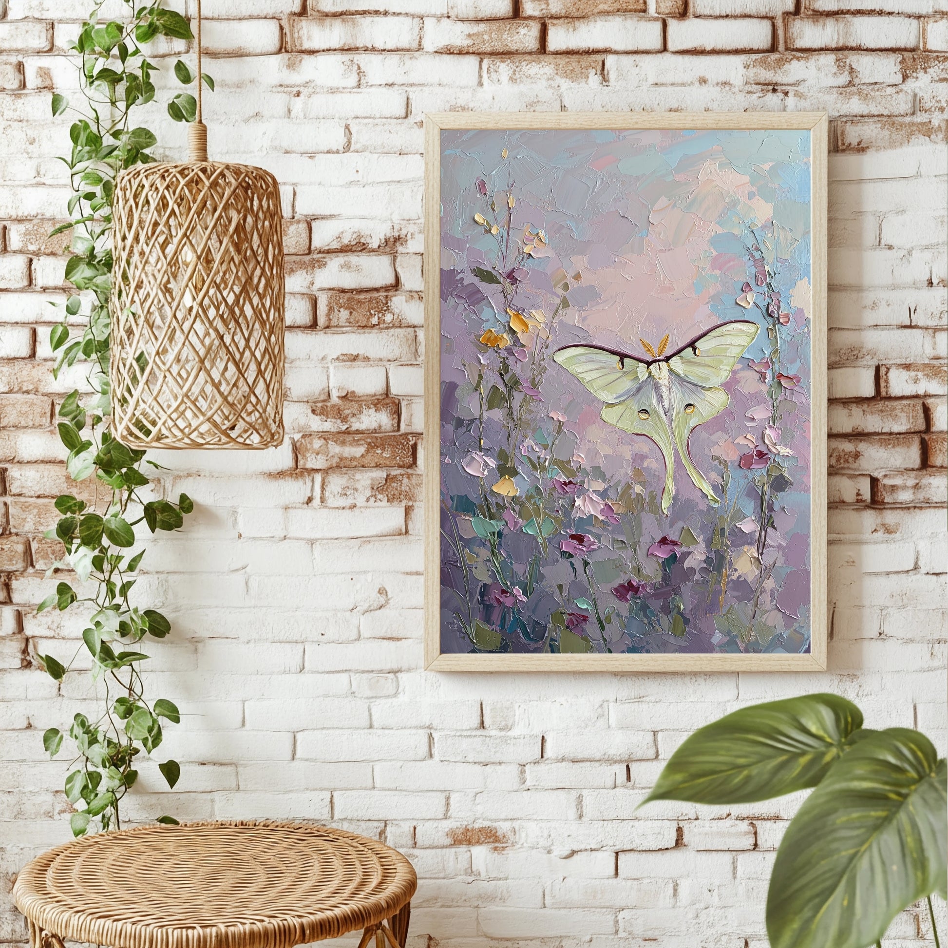 Heller Nachtfalter über Blüten Poster – Raumansicht 1