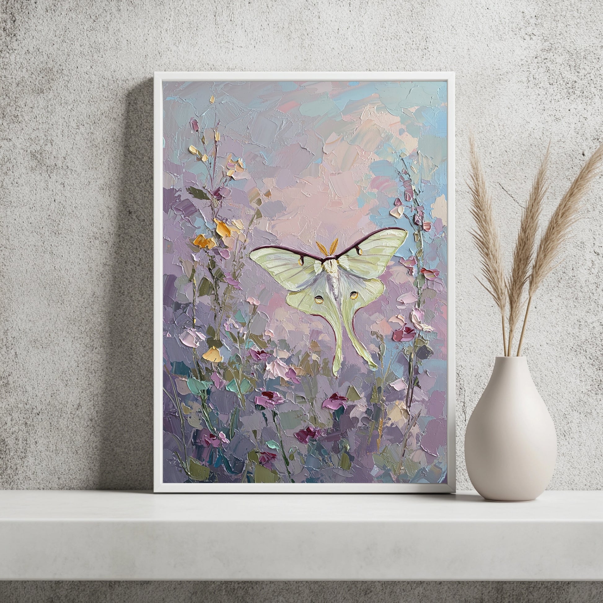 Heller Nachtfalter über Blüten Poster – Raumansicht 2