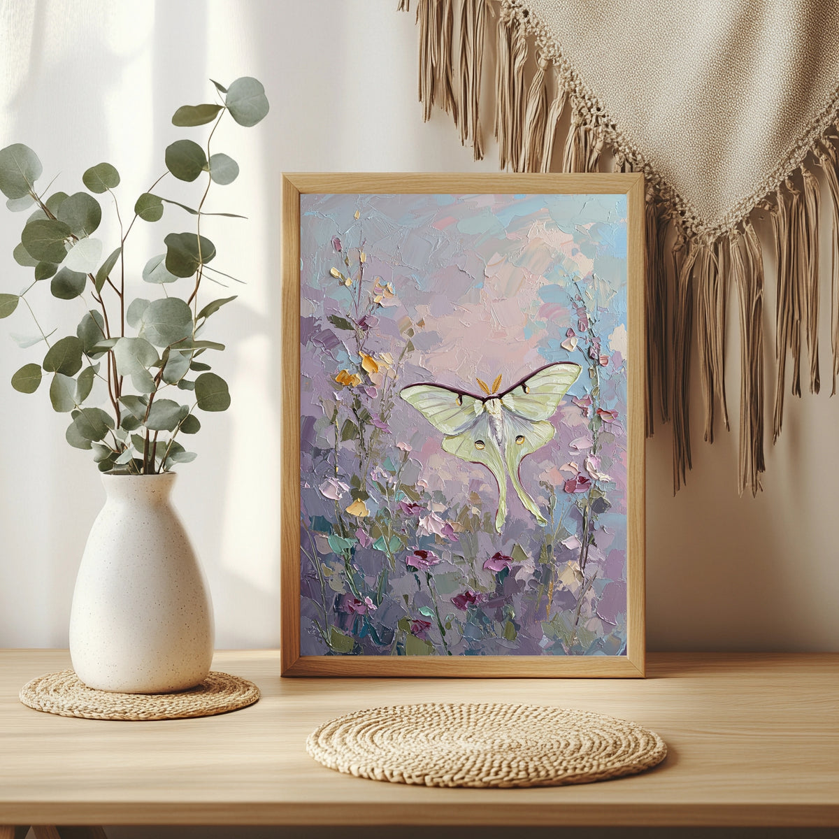 Heller Nachtfalter über Blüten Poster – Raumansicht 3