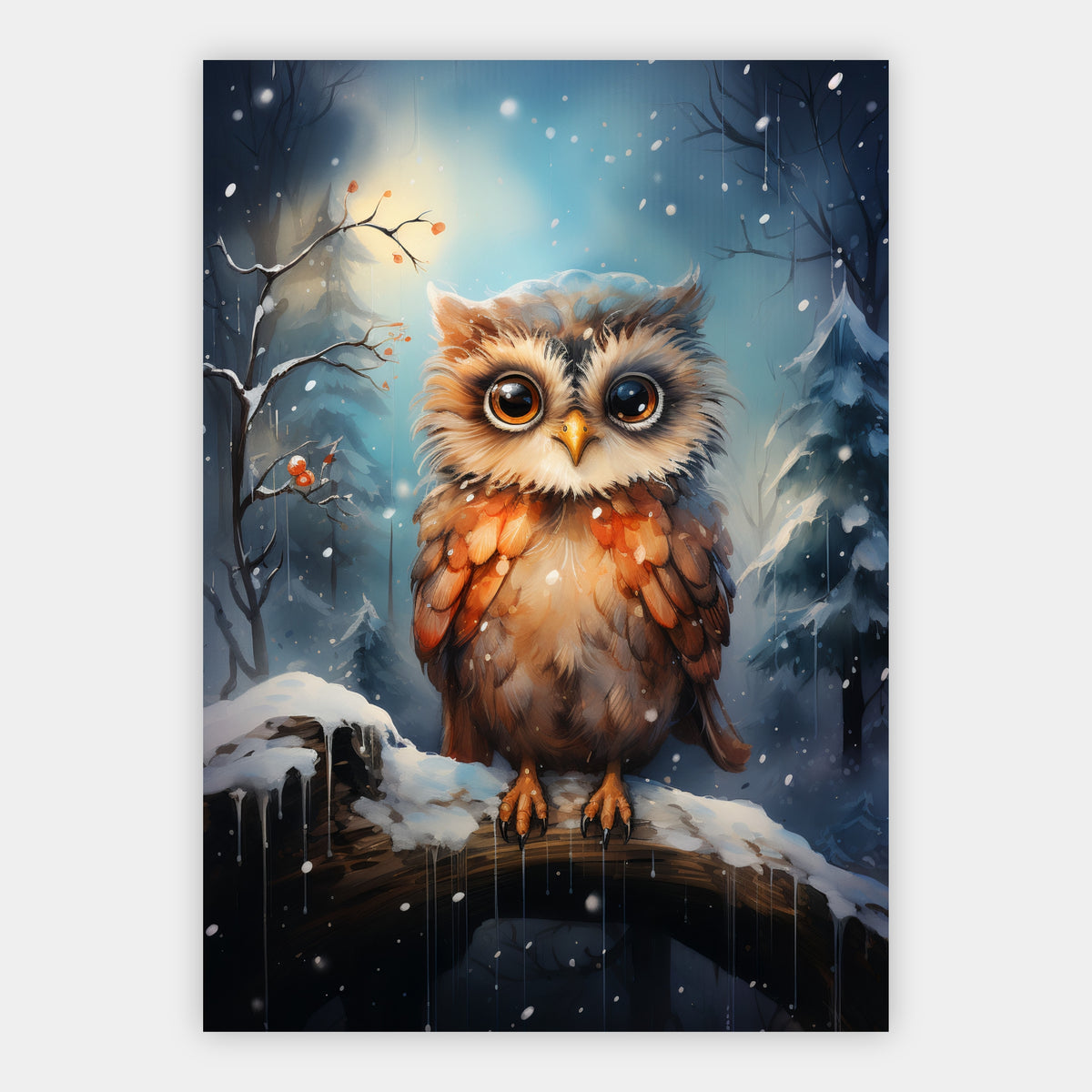 Junge Eule im Schneefall Poster – Freisteller