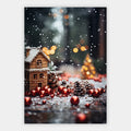 Winterhaus zwischen Christbaumkugeln Poster – Freisteller