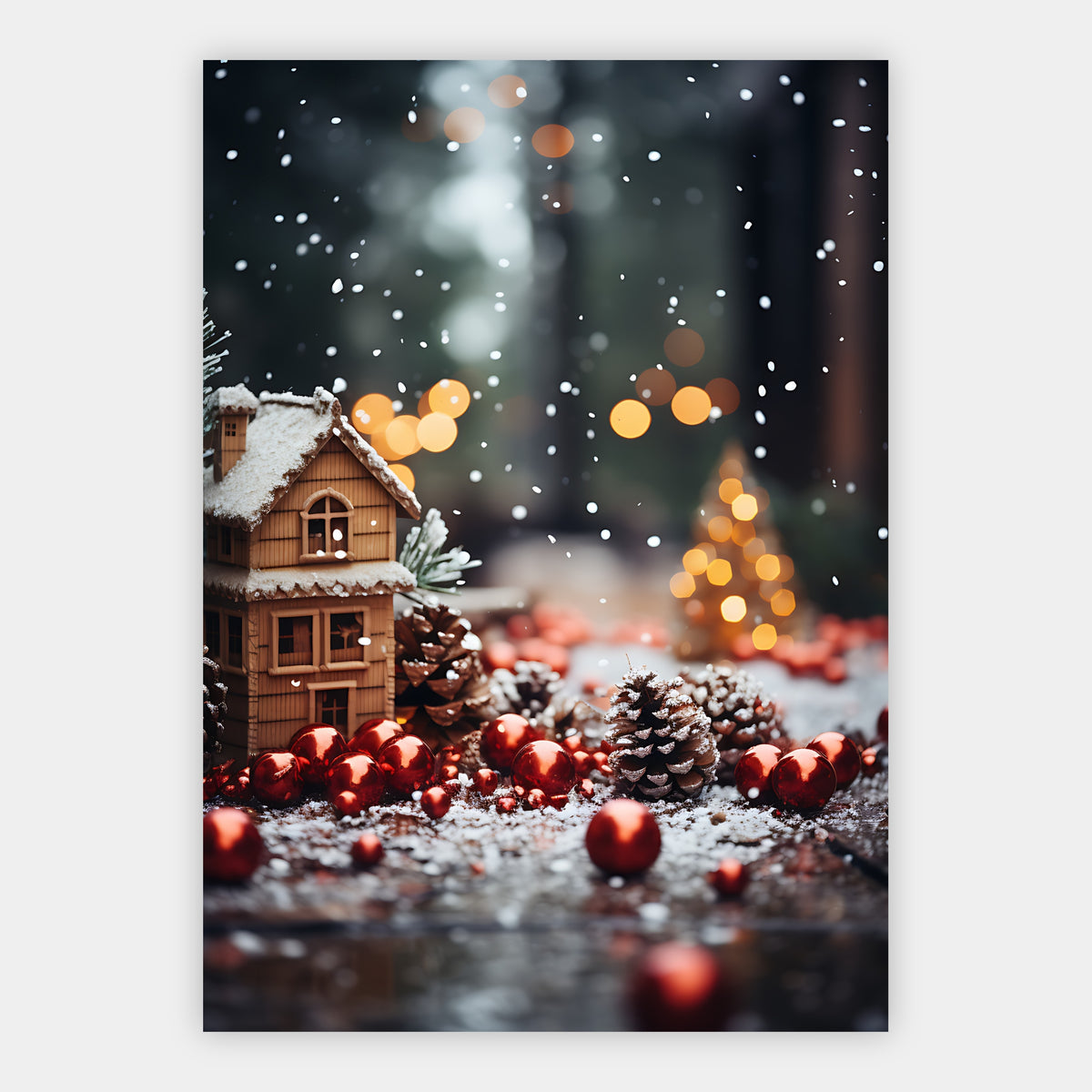Winterhaus zwischen Christbaumkugeln Poster – Freisteller