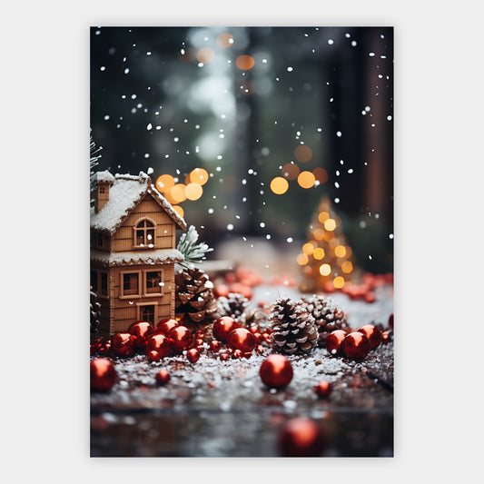 Winterhaus zwischen Christbaumkugeln Poster – Freisteller