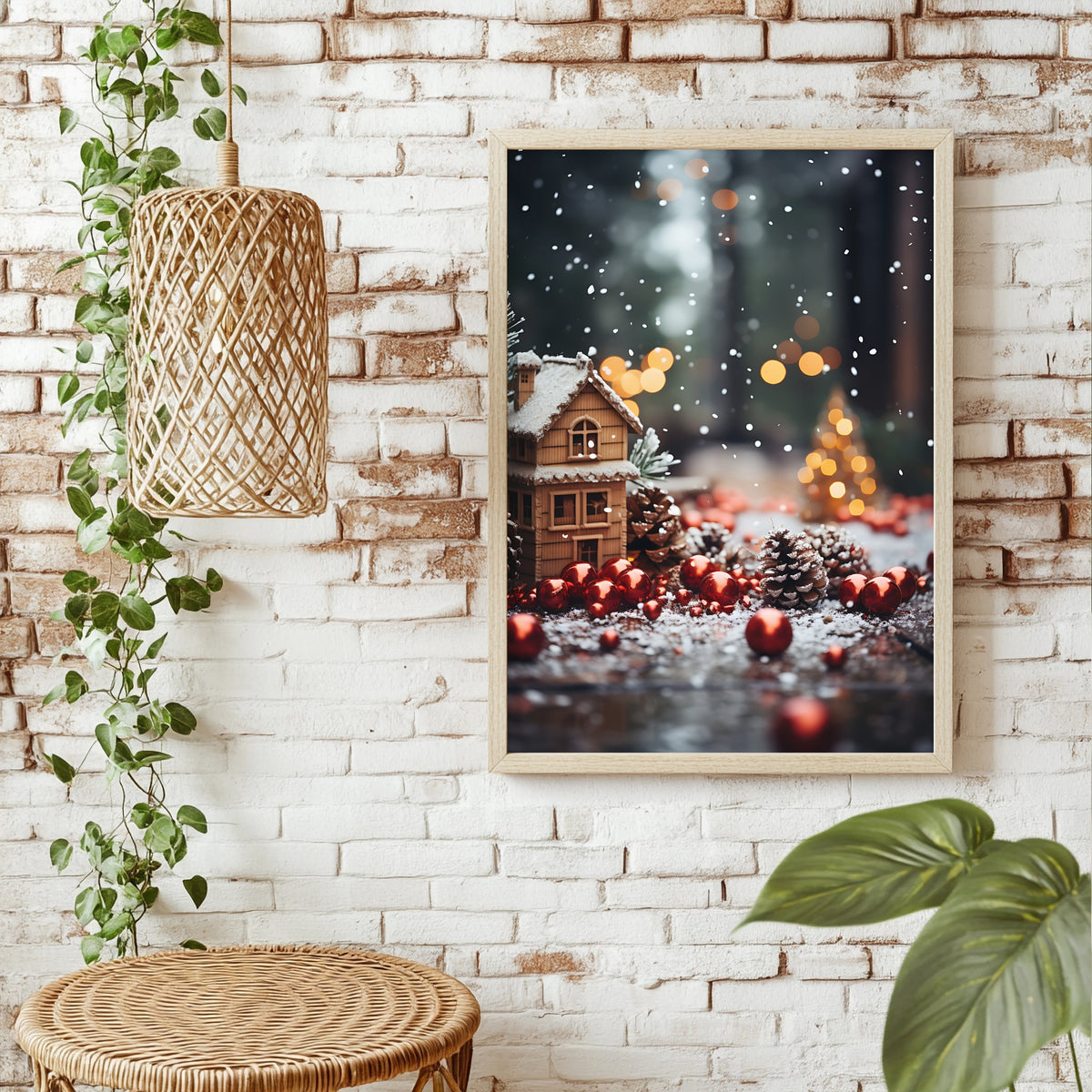 Winterhaus zwischen Christbaumkugeln Poster – Raumansicht 1