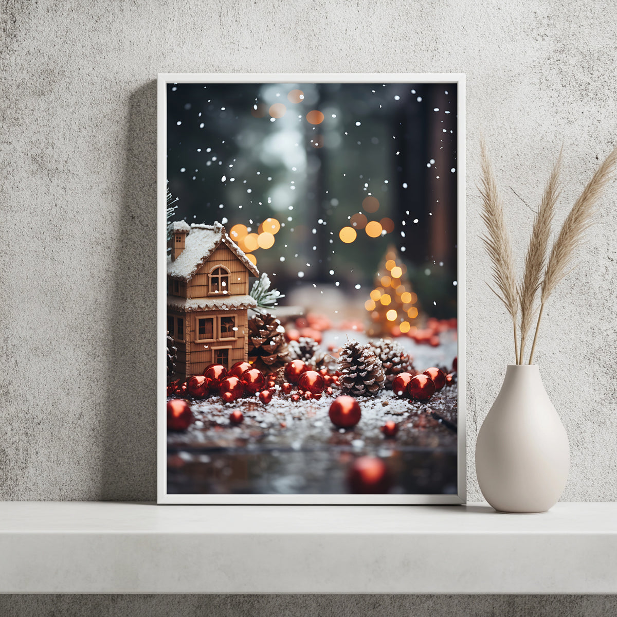Winterhaus zwischen Christbaumkugeln Poster – Raumansicht 2