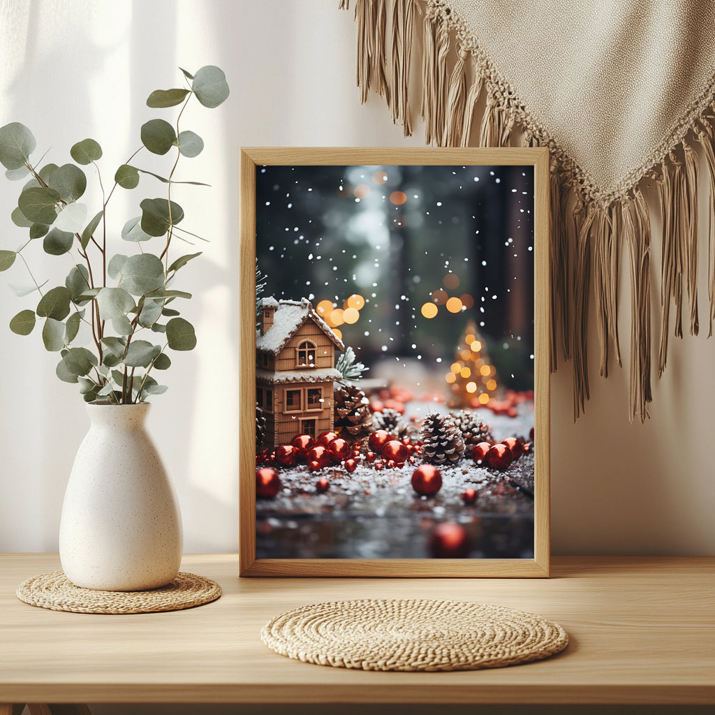 Winterhaus zwischen Christbaumkugeln Poster – Raumansicht 3