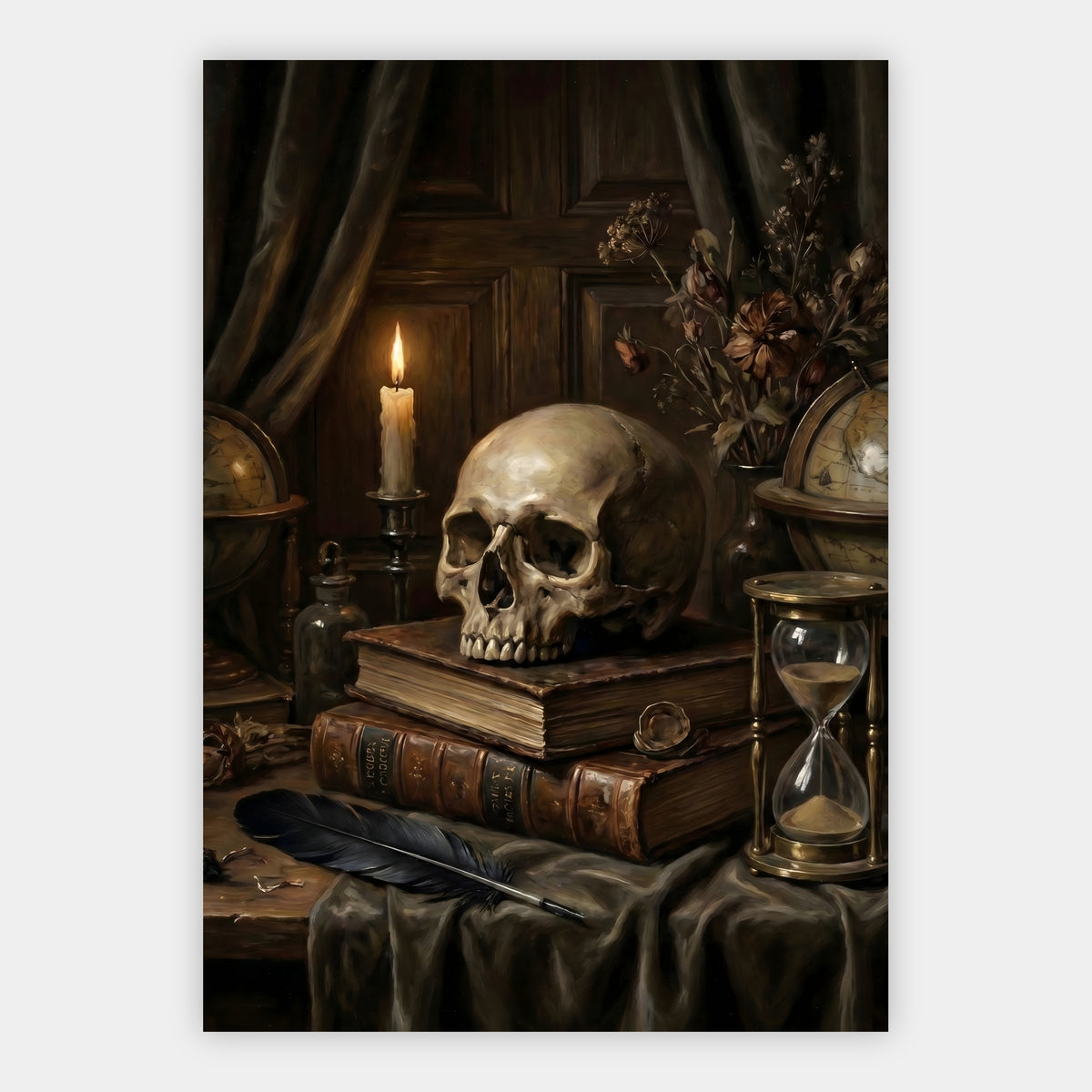 Totenkopf auf alten Büchern Poster – Freisteller