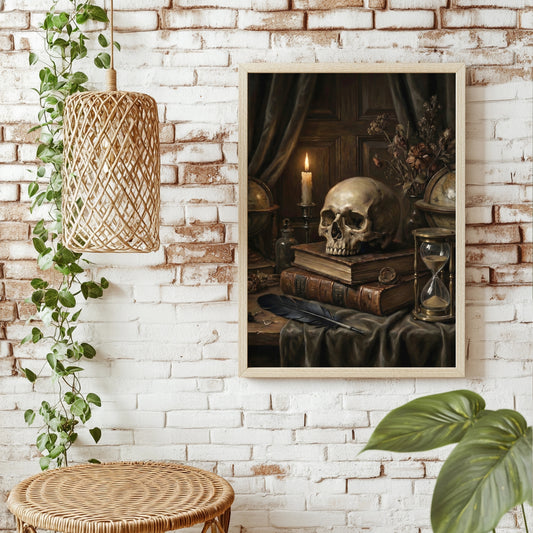 Totenkopf auf alten Büchern Poster – Raumansicht 1