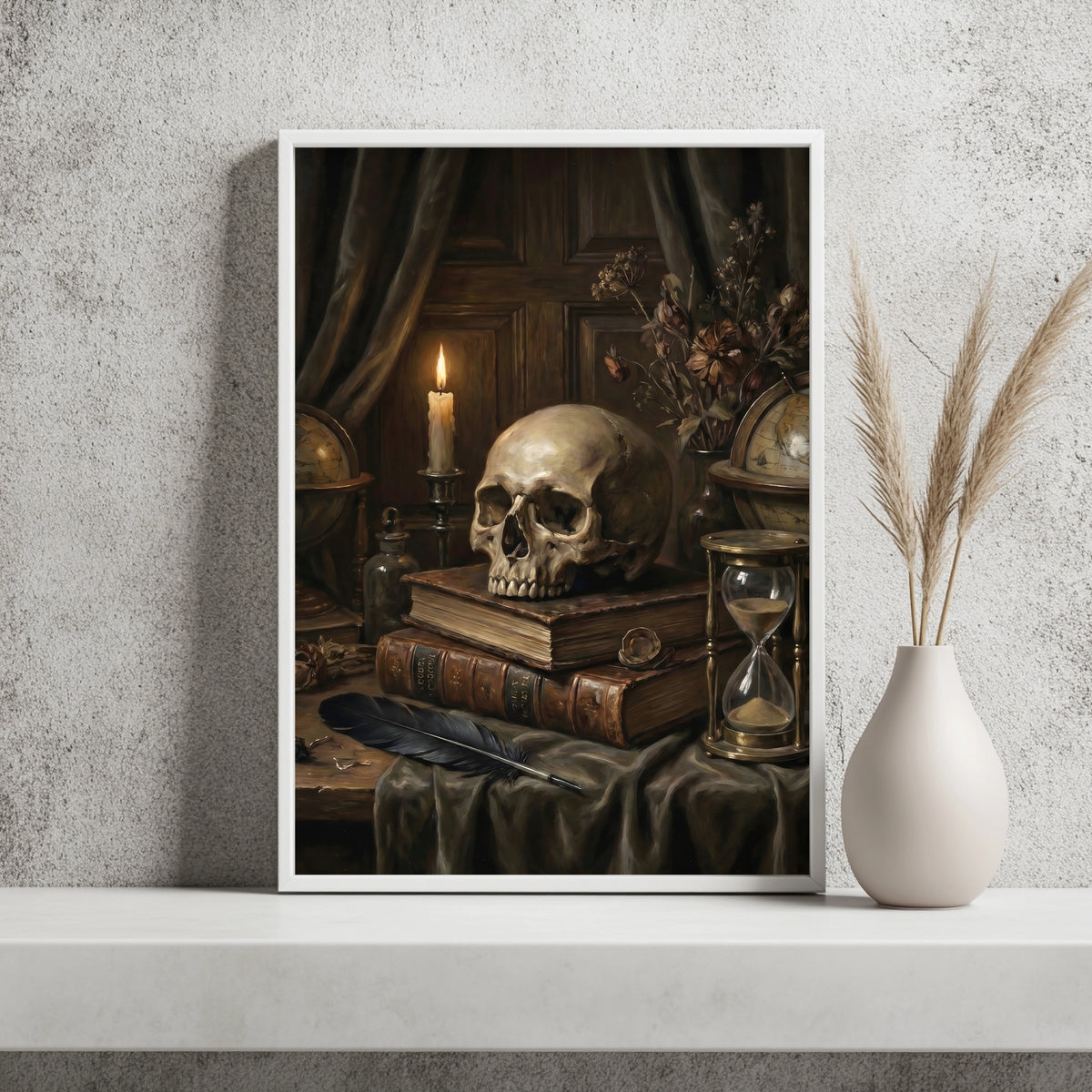 Totenkopf auf alten Büchern Poster – Raumansicht 2
