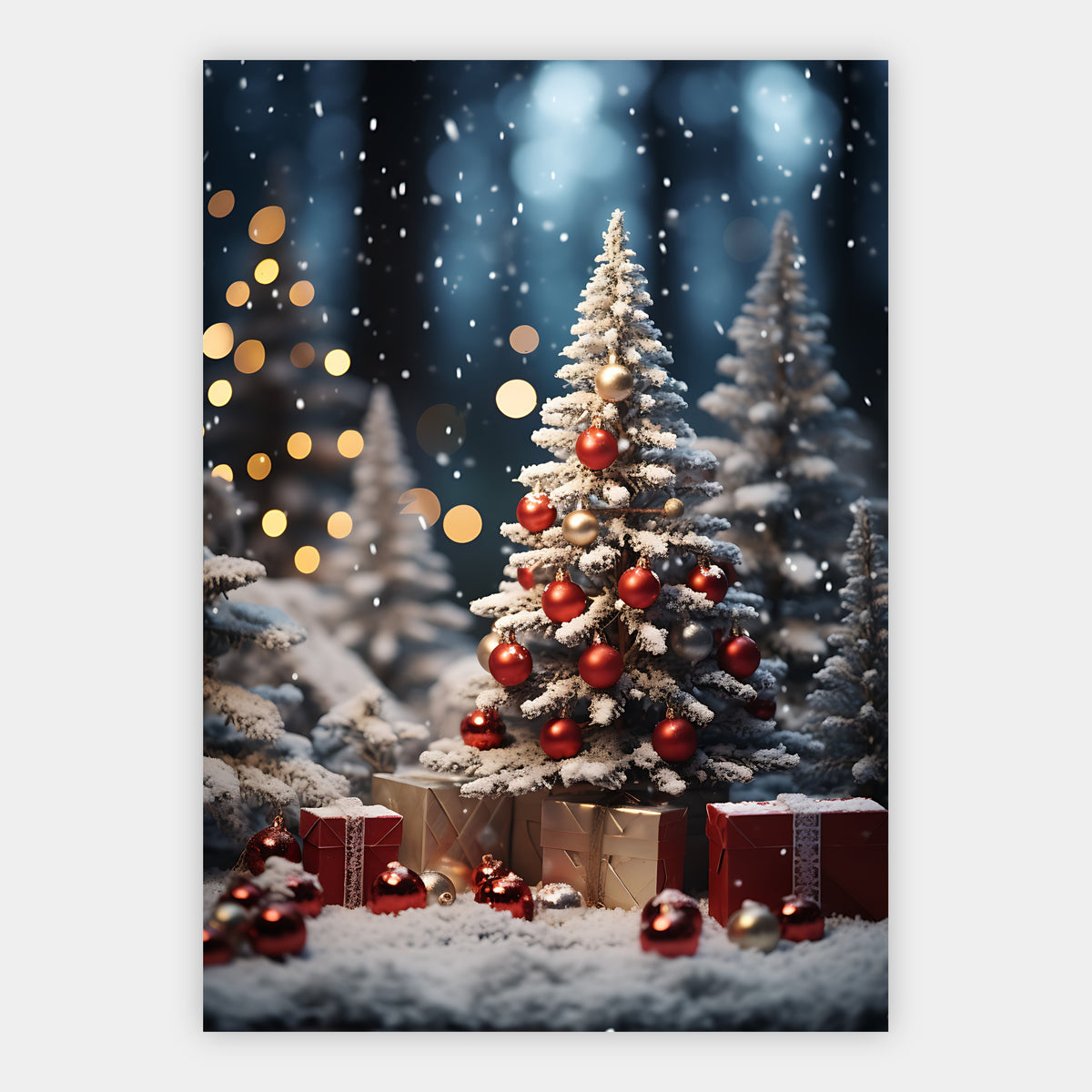 Weihnachtsbaum mit Geschenken im Schnee Poster – Freisteller