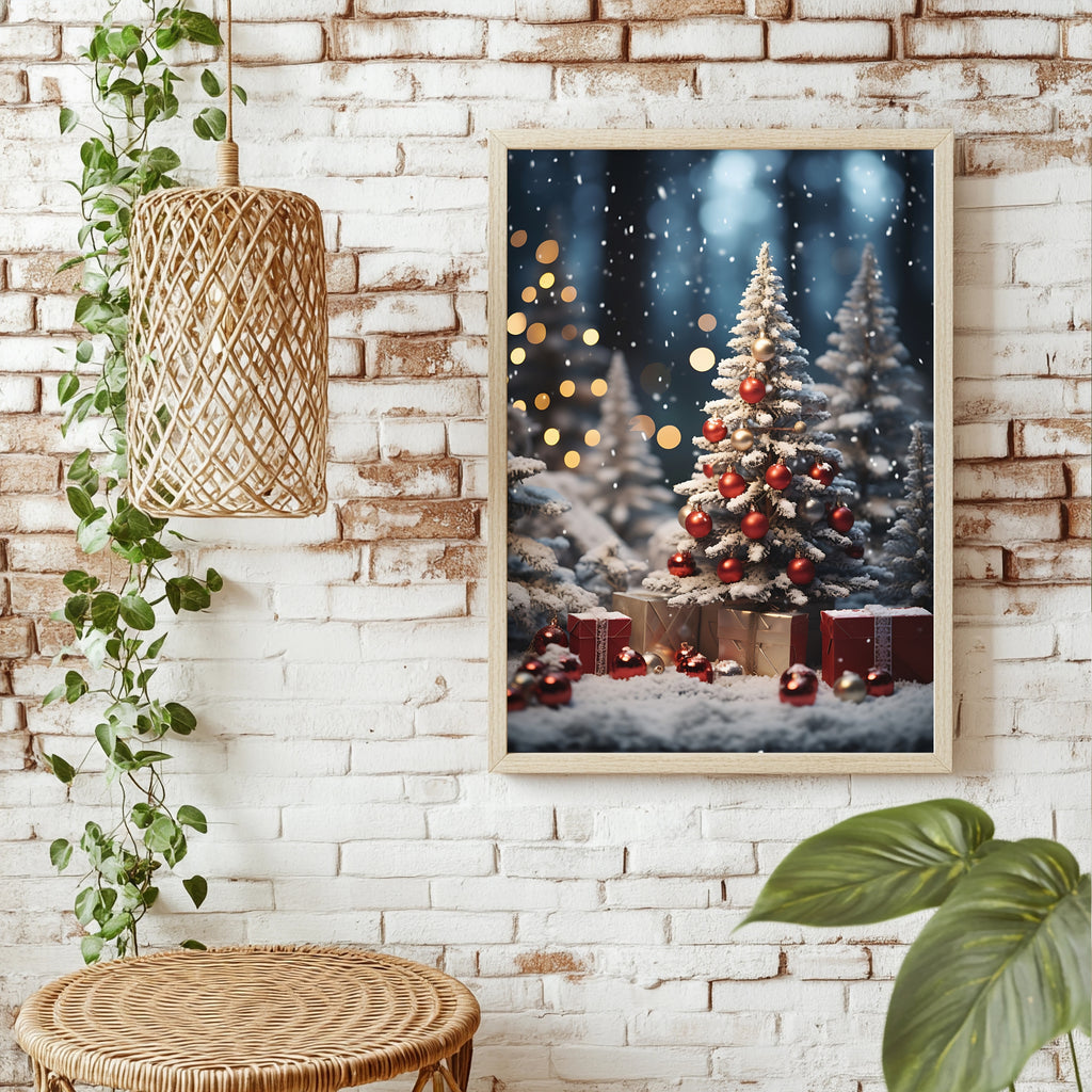 Weihnachtsbaum mit Geschenken im Schnee Poster – Raumansicht 1