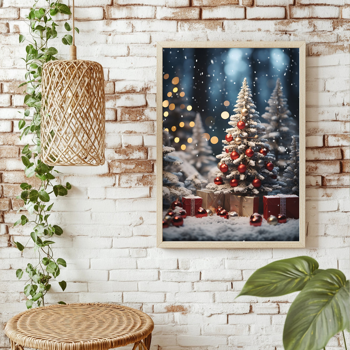 Weihnachtsbaum mit Geschenken im Schnee Poster – Raumansicht 1