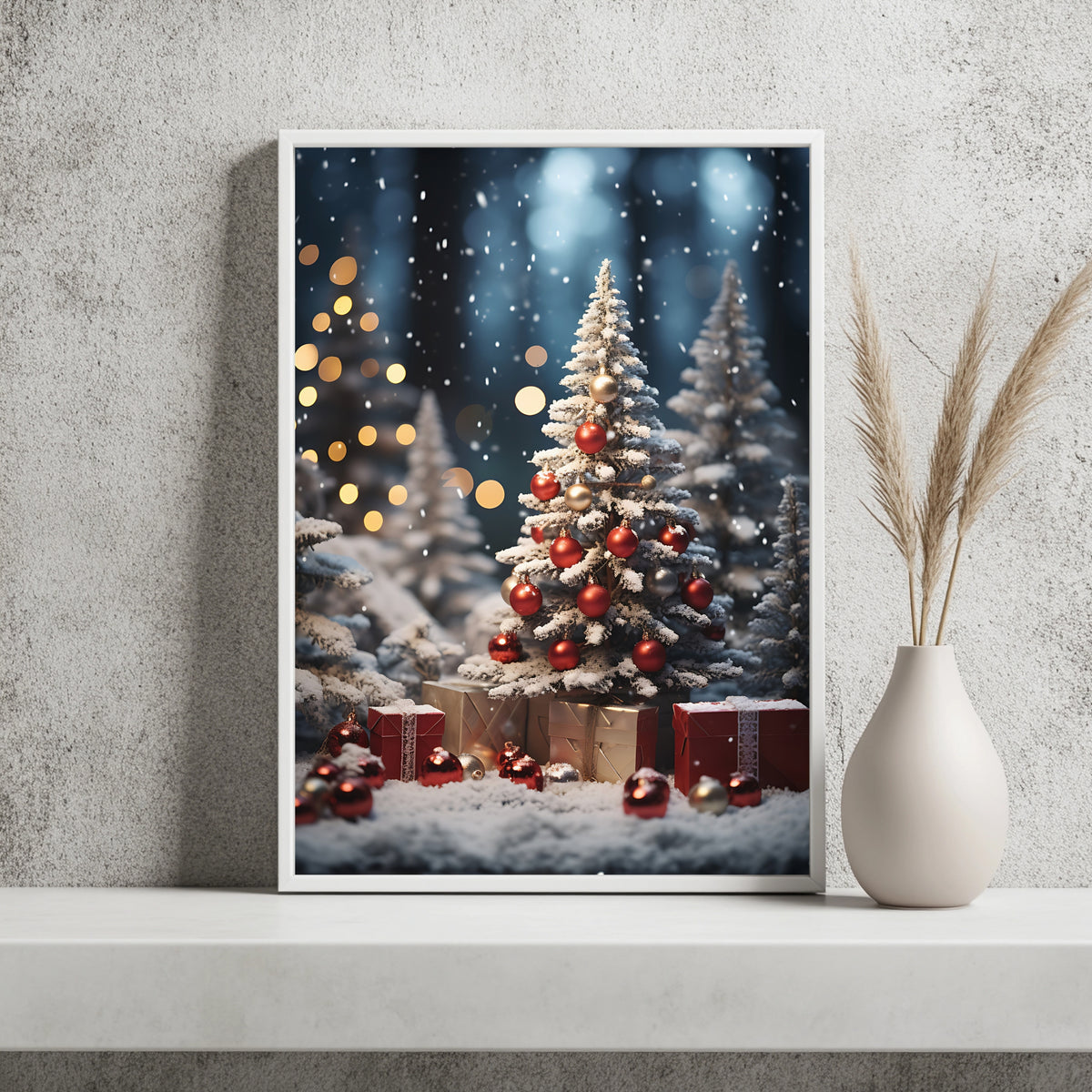 Weihnachtsbaum mit Geschenken im Schnee Poster – Raumansicht 2