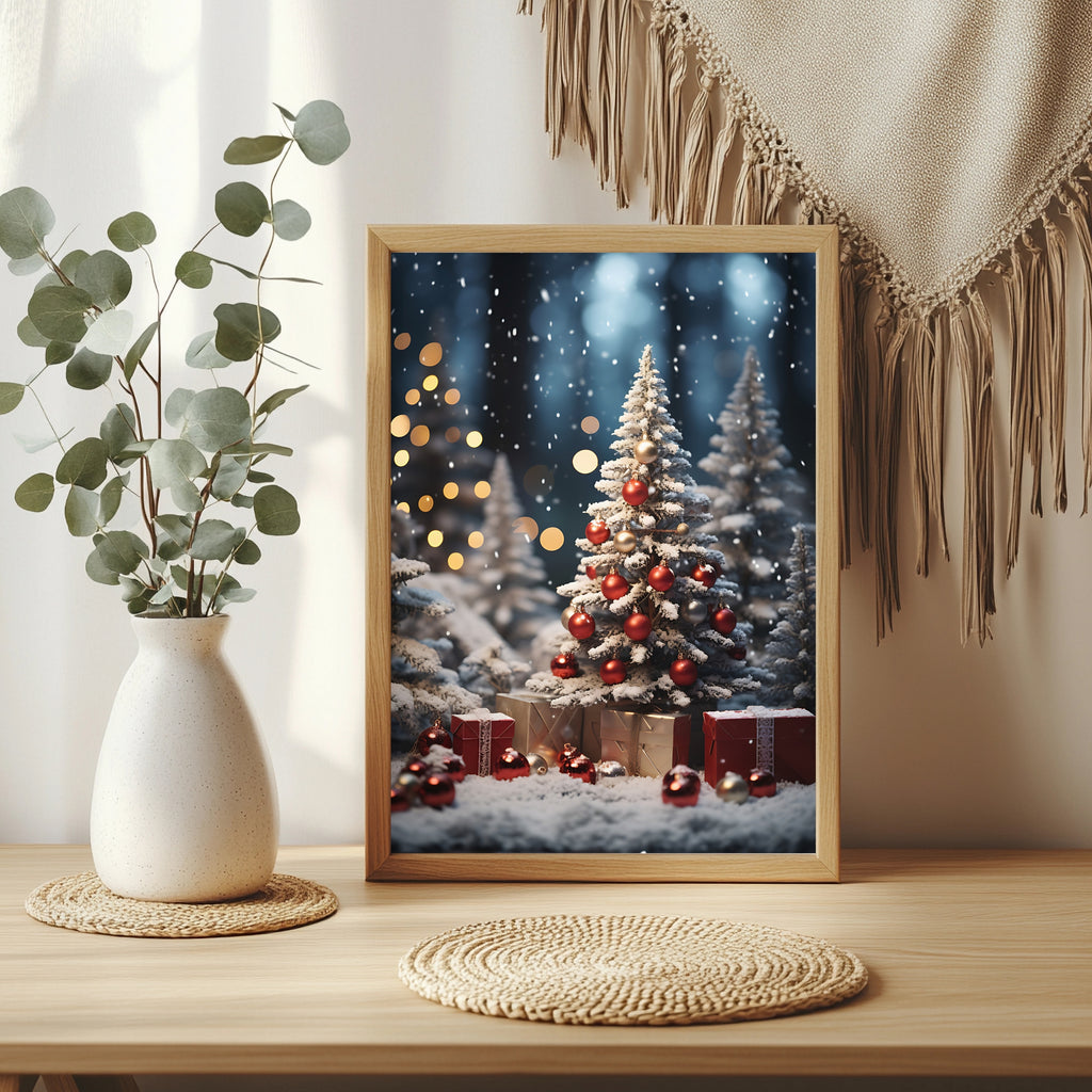 Weihnachtsbaum mit Geschenken im Schnee Poster – Raumansicht 3