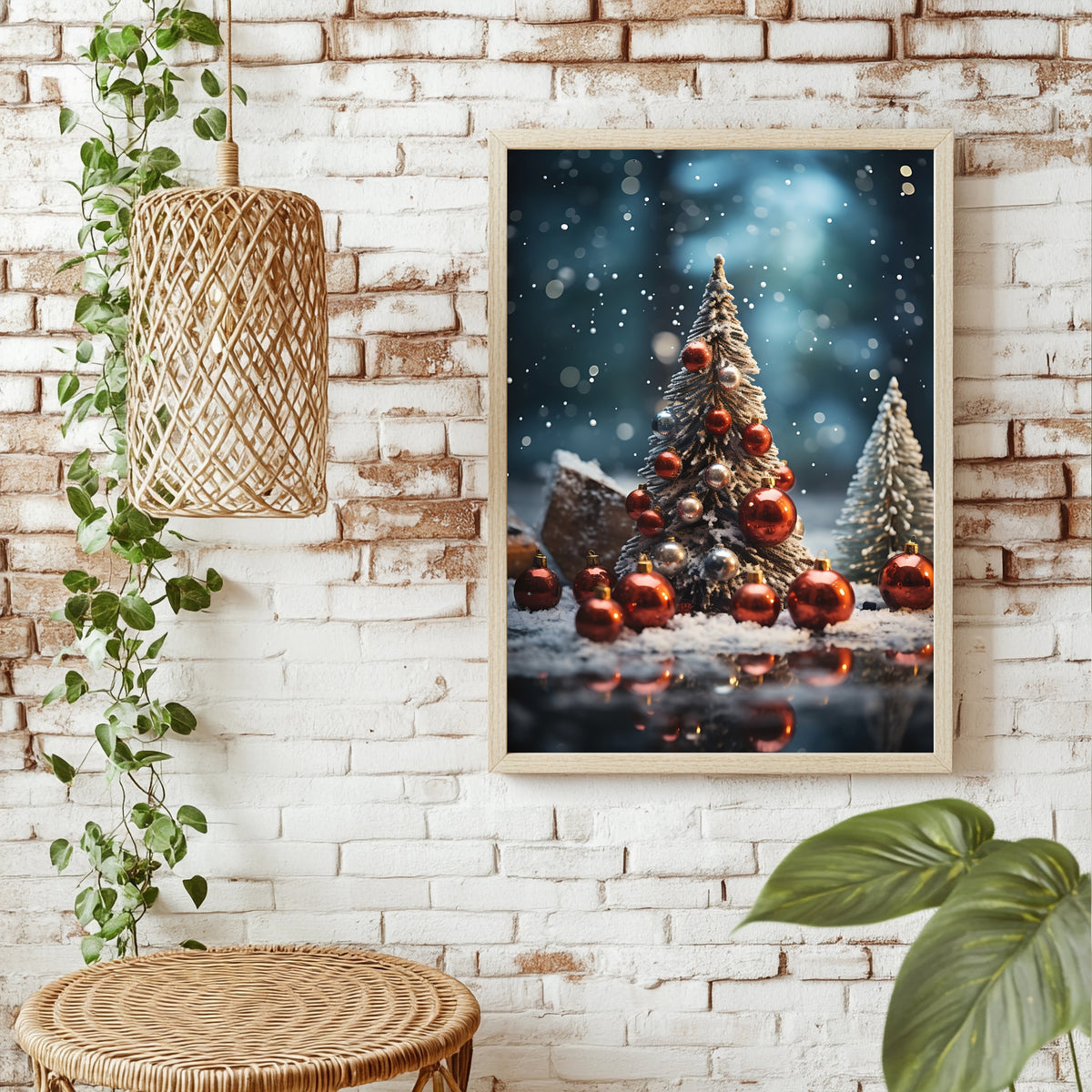 Weihnachtsbaum mit Kugeln am Wasser Poster – Raumansicht 1