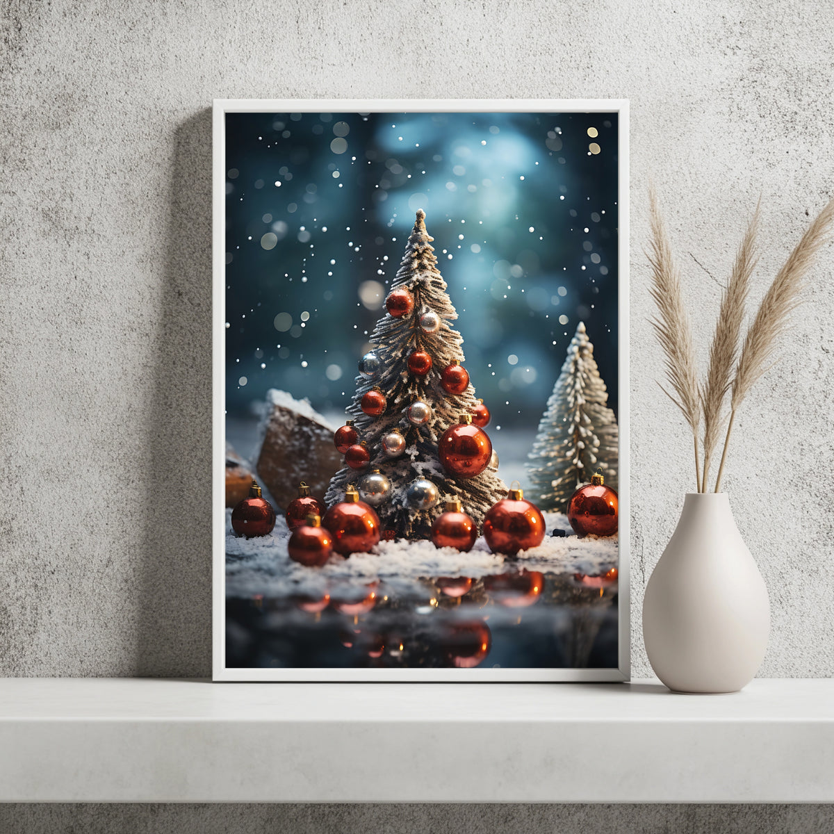 Weihnachtsbaum mit Kugeln am Wasser Poster – Raumansicht 2