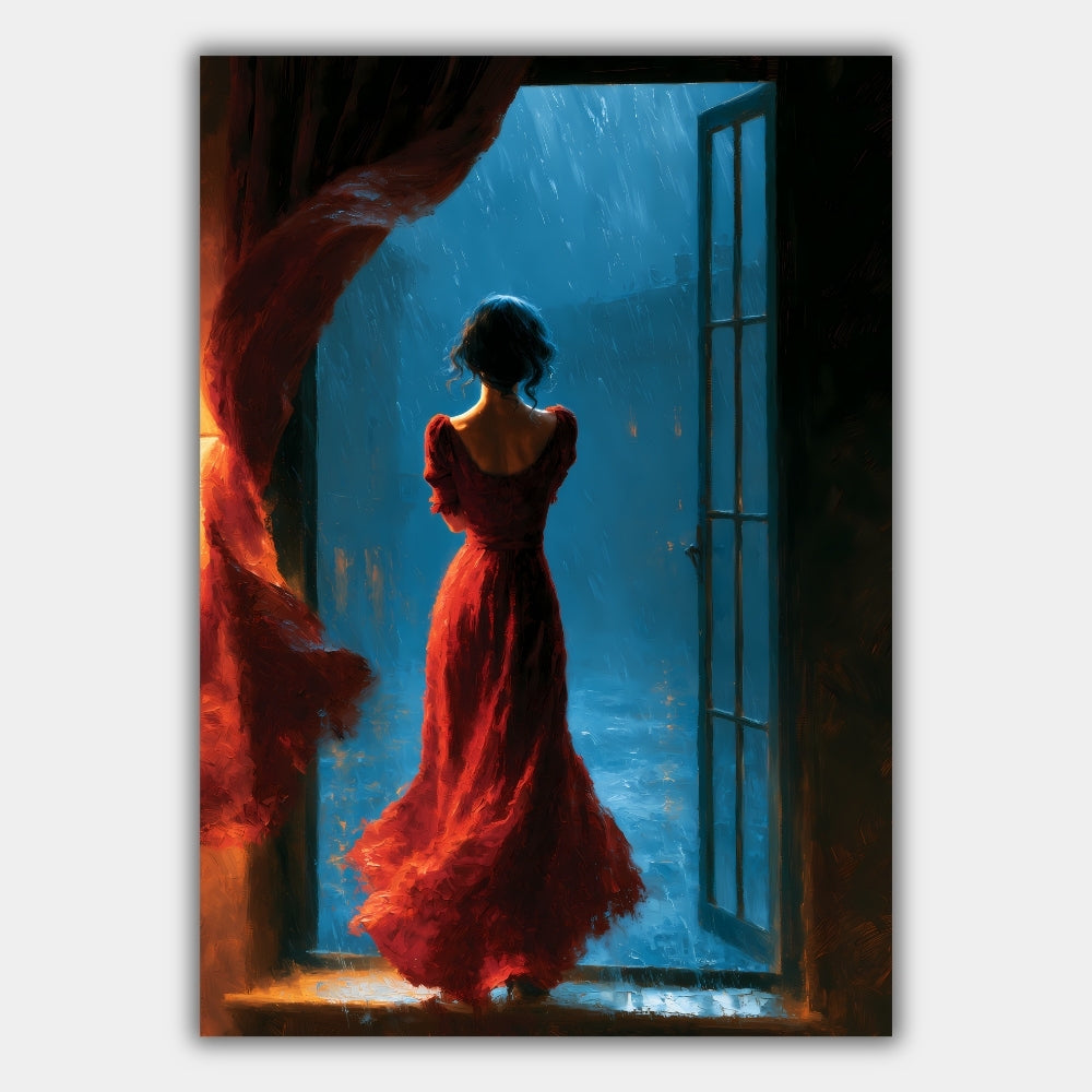 Frau Rotes Kleid Regen Nacht Poster – Produktansicht 1