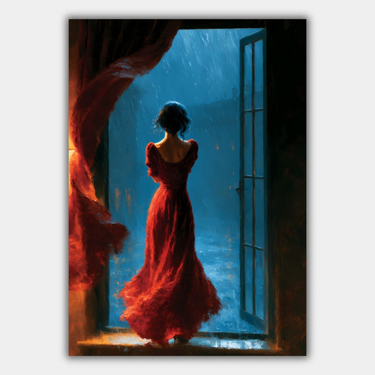 Frau Rotes Kleid Regen Nacht Poster, Wohnzimmer Wandkunst