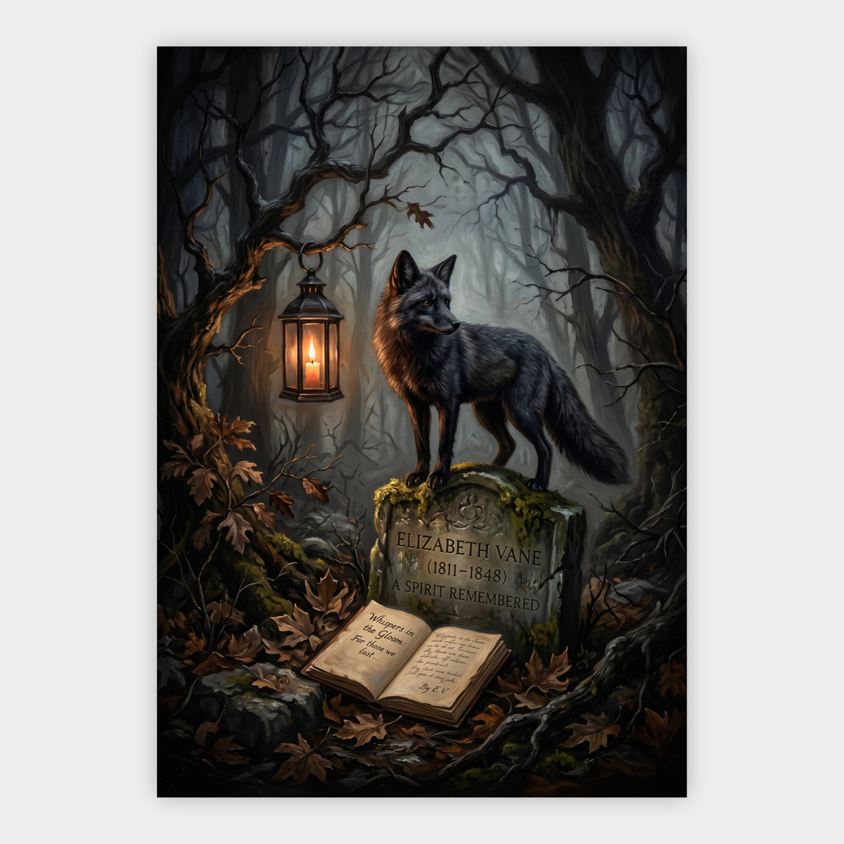 Schwarzer Wolf am alten Grab Poster – Freisteller