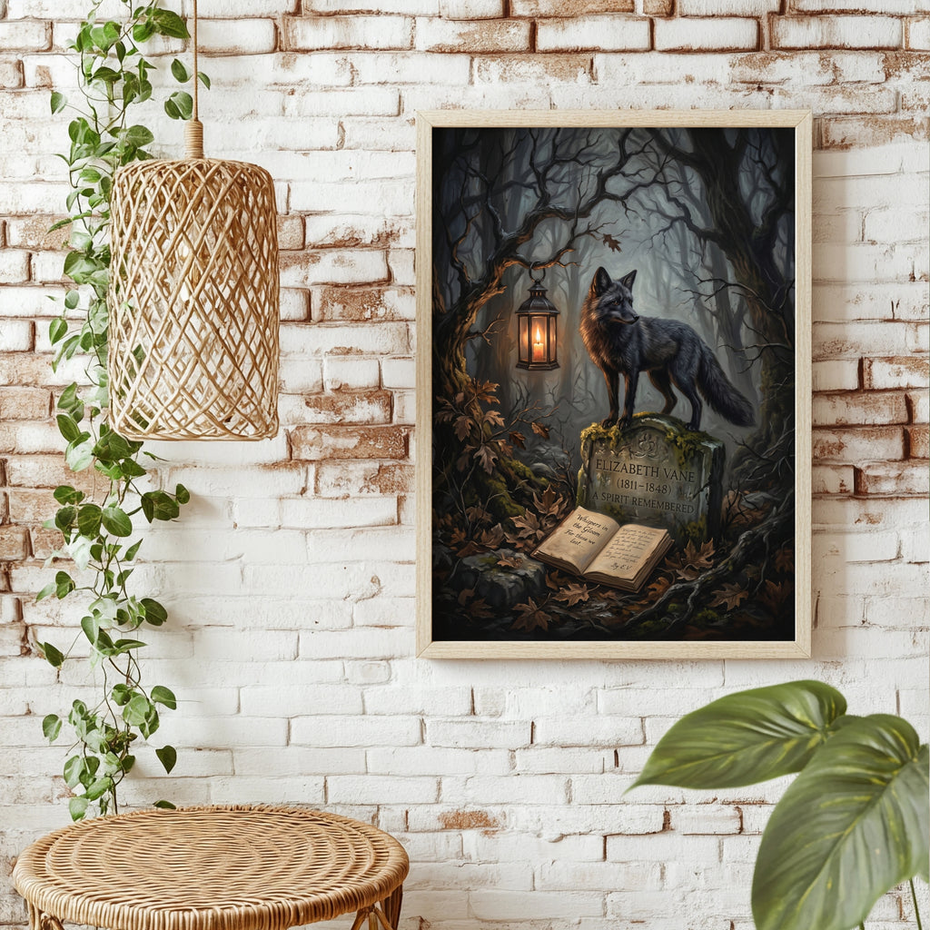 Schwarzer Wolf am alten Grab Poster – Raumansicht 1